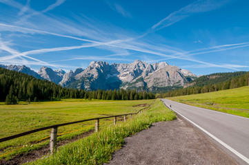 Road to Lake Misurina in summer season, Dolomites, Italy.