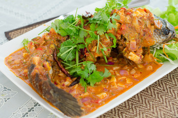Deep Fried Snakehead Fish with Herb and Spicy Sauce