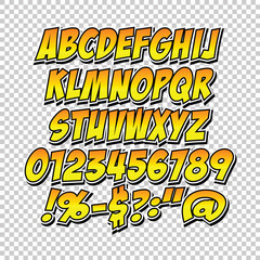 Comic alphabet set. Letters, numbers and figures for kids' illustrations websites comics banners.
