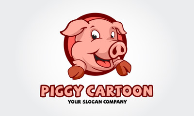 Piggy Logo Cartoon Character. Happy smiling little baby cartoon pig in round frame. Vector logo illustration