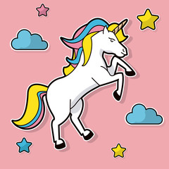 cute unicorn horn rainbow cloud stars pink background vector illustration