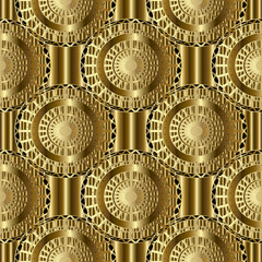 Gold modern vector geometric 3d seamless pattern background wallpaper illustration with vintage 3d radial circkes, shapes, squares, greek key, stripes and stylish abstrat surface ornamental texture