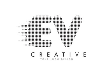 EV E V Letter Logo with Black Dots and Trails.