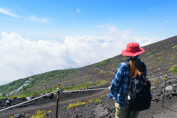 Woman hike Mt. Fuji (in Japan)