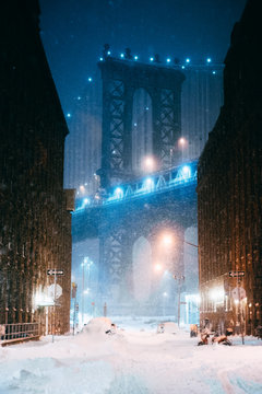 Manhattan Bridge snowstorm at night 
