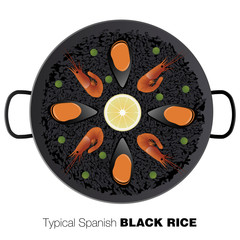 Typical black Spanish rice. Traditional paella made with rice and squid ink.