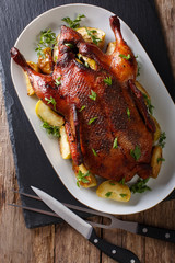 Delicious whole baked duck with apples close-up on a platter. Vertical top view