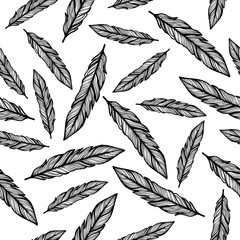Hand drawn feather seamless vector pattern.