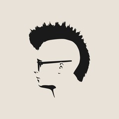 Man avatar profile view. Isolated male face silhouette or icon . Vector illustration. Mohawk hairstyle. Portrait with sunglasses - obrazy, fototapety, plakaty