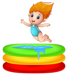 Cartoon girl jumping an inflatable pool
