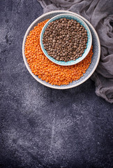 Bowls with red and black lentils