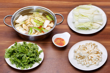 Prepared hot pot of seafood in Vietnamese style with mushroom, fish sauce