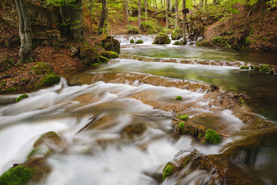 Clear and rapid mountain river in the spring forest
