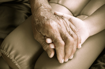 Hands of elderly man holding, touches asian kids, World Kindness Day concept and Adult day care,...