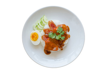 Barbecued red pork in sauce with rice isolated on white background