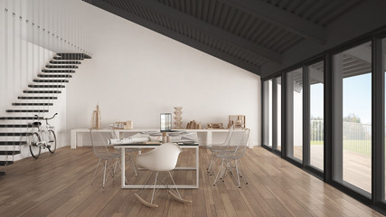 Minimalist white and gray office, architect and planning department, scandinavian interior design © ArchiVIZ