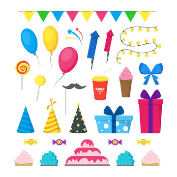 Cartoon Party Holiday Color Icons Set. Vector