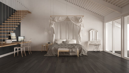 Canopy bed in minimalistic white and gray bedroom with home workplace, scandinavian classic interior design