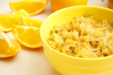 Orange juice braised cabbage in yellow bowl