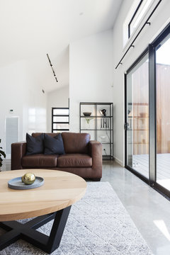 Brown sofa in contemporary styled living room