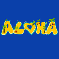 Fototapeta premium Aloha hand lettering with exotic islands in the sea. Vector illustration