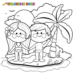 Boy and girl at he beach on a summer island. Vector black and white coloring page.