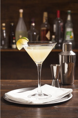 Martini glass on the bar.