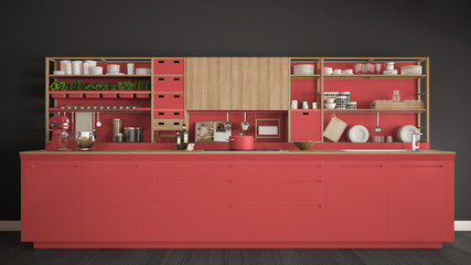 Minimalist red wooden kitchen with appliances close-up, scandinavian classic interior design