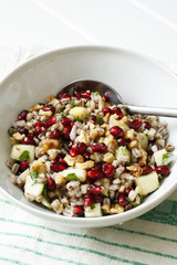 Pearl barley and chicken salad with pomegranate seeds