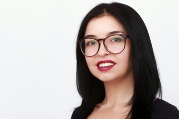 woman in glasses,woman on a white background