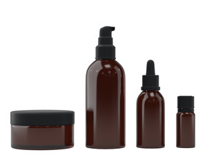 Set of bottles for essential oils and cosmetic products, isolated on white background. Dropper bottle, flask, spray bottle, jar. 3D rendering.