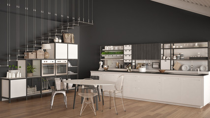 Minimalist white and gray wooden kitchen, loft with stairs, classic scandinavian interior design