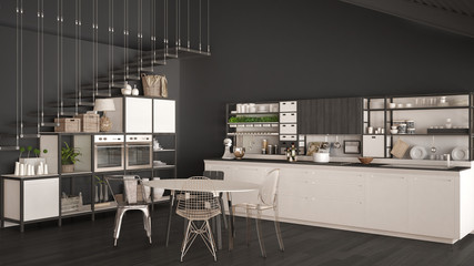Minimalist white and gray wooden kitchen, loft with stairs, classic scandinavian interior design