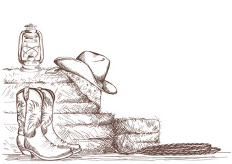 hand draw cowboy background with western boots and west hat in ranch. - obrazy, fototapety, plakaty