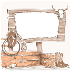 Cowboy background with wood board for text. American ranch.
