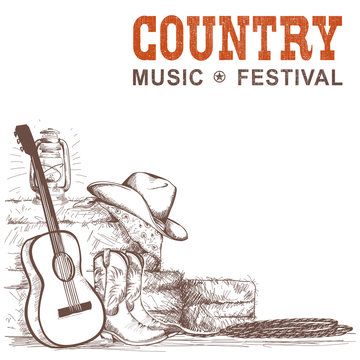 Country music background with guitar and american cowboy shoes and western hat