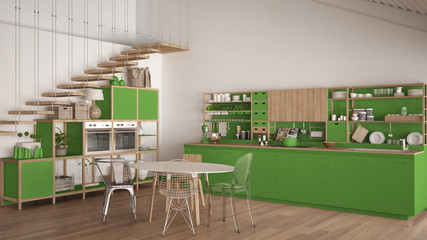 Minimalist green and white wooden kitchen, loft with stairs, classic scandinavian interior design