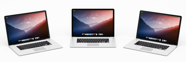 Triple modern digital silver and black laptop 3D rendering
