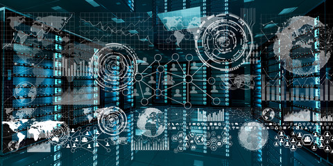 Graph holograms flying over server room data center 3D rendering