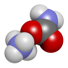 Ammonium carbamate, chemical structure. 3D rendering. Atoms are represented as spheres with conventional color coding: hydrogen (white), carbon (grey), oxygen (red), nitrogen (blue).