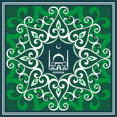 Ramadan greeting card with the image of the mosque, minarets  and middle east ornament in Moorish style. Vector template