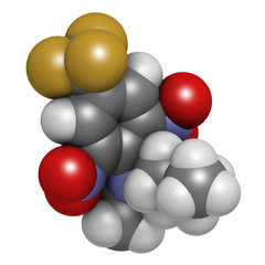 Benfluralin herbicide molecule. 3D rendering. Atoms are represented as spheres with conventional color coding: hydrogen (white), carbon (grey), oxygen (red), nitrogen (blue), fluorine (gold).