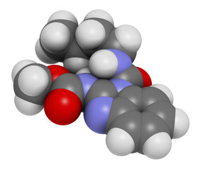 Benomyl fungicide molecule. 3D rendering. Atoms are represented as spheres with conventional color coding: hydrogen (white), carbon (grey), oxygen (red), nitrogen (blue).