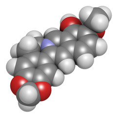 Berberine herbal medicine molecule. 3D rendering. Atoms are represented as spheres with conventional color coding: hydrogen (white), carbon (grey), nitrogen (blue), oxygen (red).