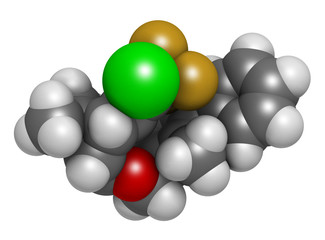 Bifenthrin insecticide molecule (pyrethroid class). 3D rendering. Atoms are represented as spheres with conventional color coding.