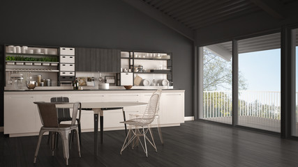 Minimalist white and gray wooden kitchen, big panoramic window, classic scandinavian interior design