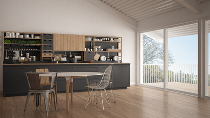 Minimalist white and gray wooden kitchen, big panoramic window, classic scandinavian interior design