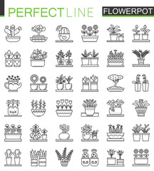 Flowers in pots outline concept symbols. Flowerpot thin line icons. Modern linear style illustrations set.