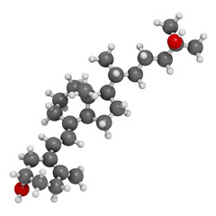 Calcifediol (calcidiol, 25-hydroxyvitamin D) molecule. Blood marker of vitamin D status. 3D rendering. Atoms are represented as spheres with conventional color coding.