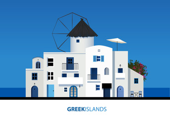 Greek Islands. View of typical greek island architecture on blue sky. Vector Illustration